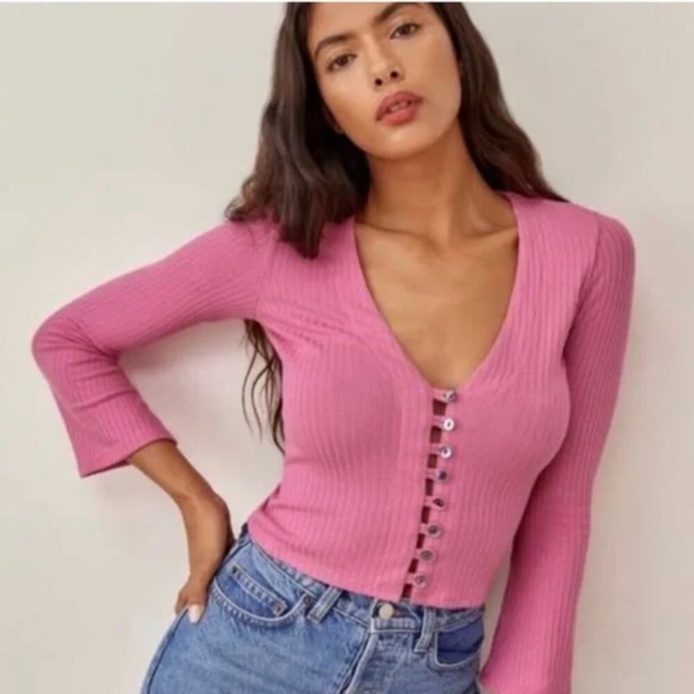Reformation Pink Ribbed Button-Up Top - Picture 2 of 3
